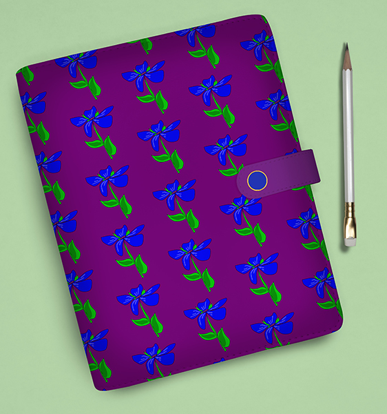 Mock-up of notebook with purple background with blue and green flowers